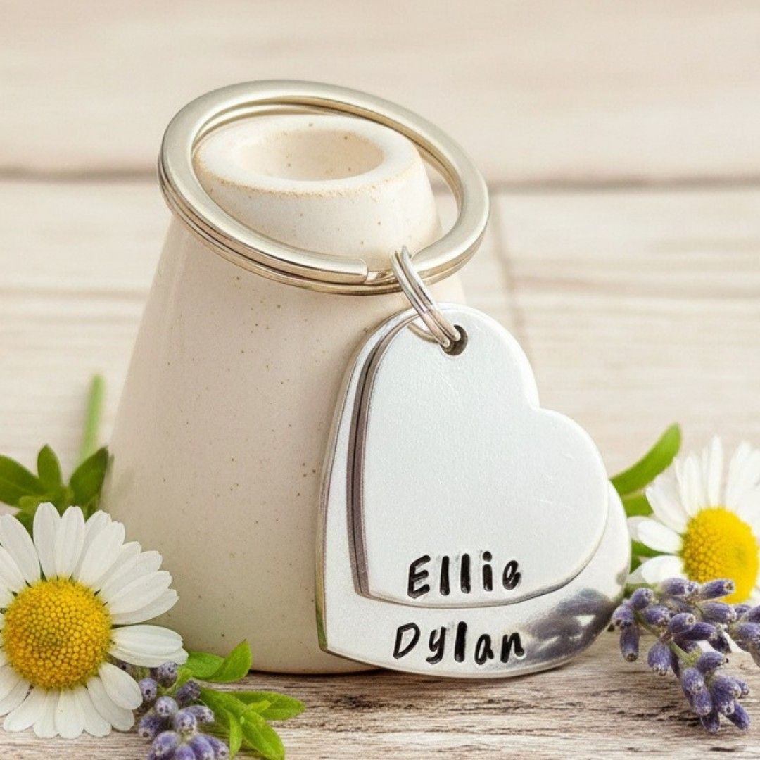 Personalised Two Heart Stacked Keyring – Aluminium Name Keychain