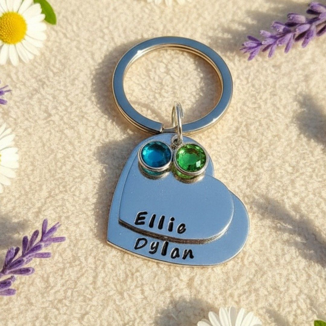 Personalised Two Heart Birthstone Keyring – Aluminium Name Keychain