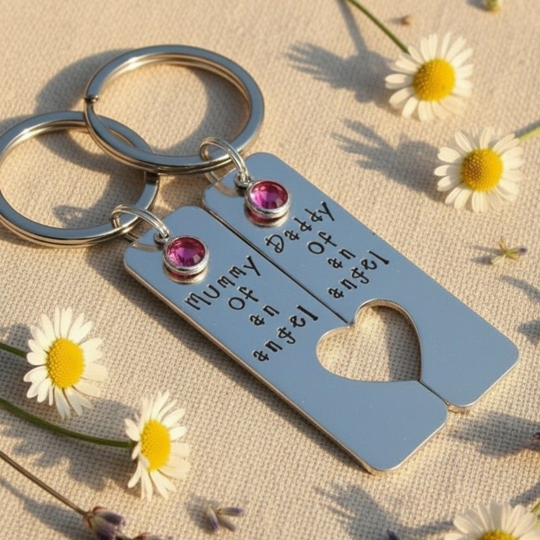 Mummy of an angel and Daddy of an angel keyring set with birthstones
