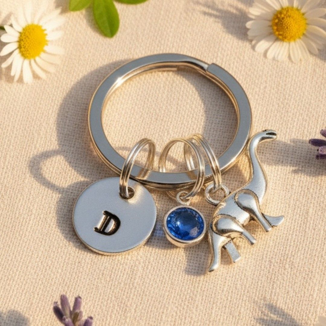 Personalised Dinosaur Initial & Birthstone Keyring – Custom Keepsake Gift