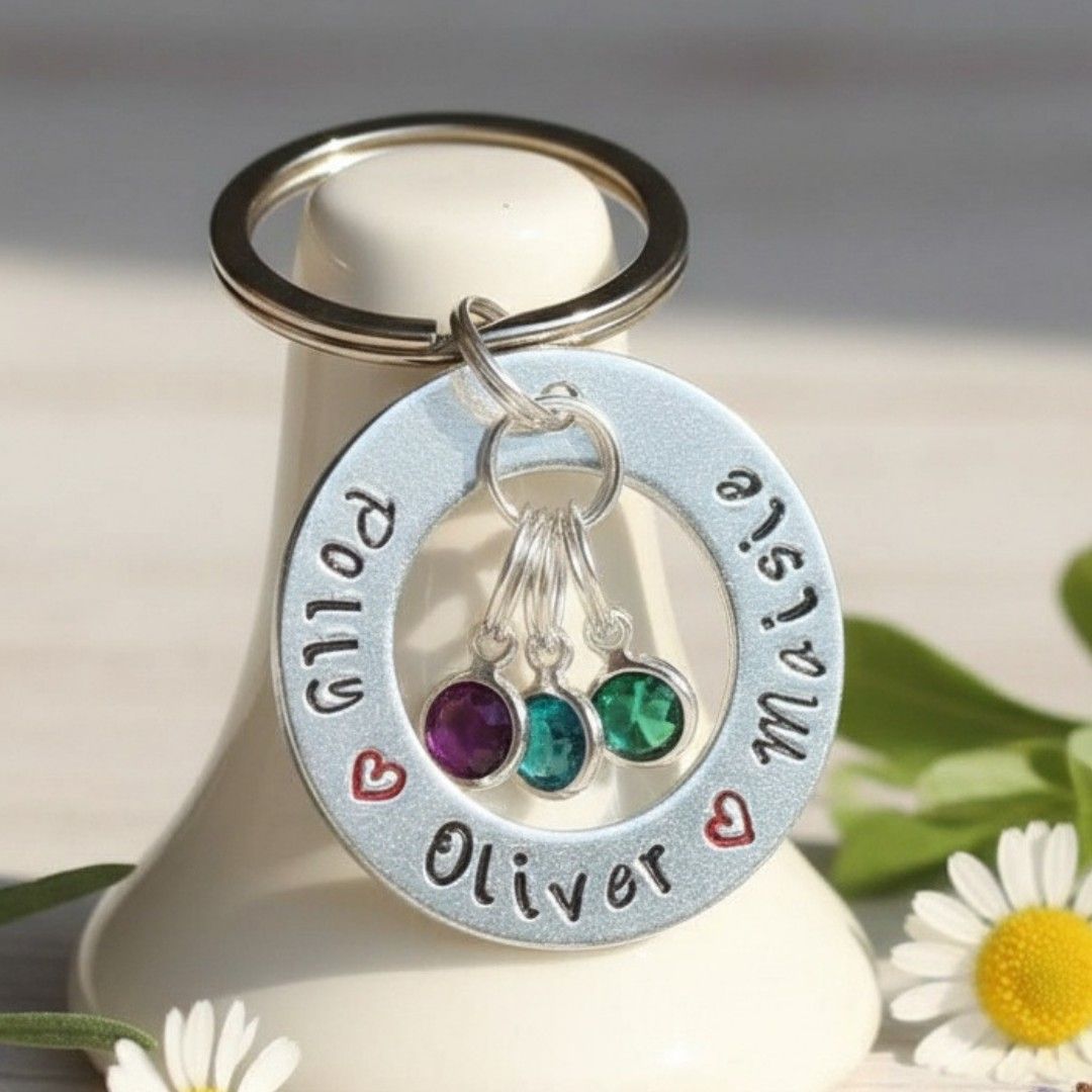 Personalised Birthstone Name Keyring – Custom Family Washer Keepsake
