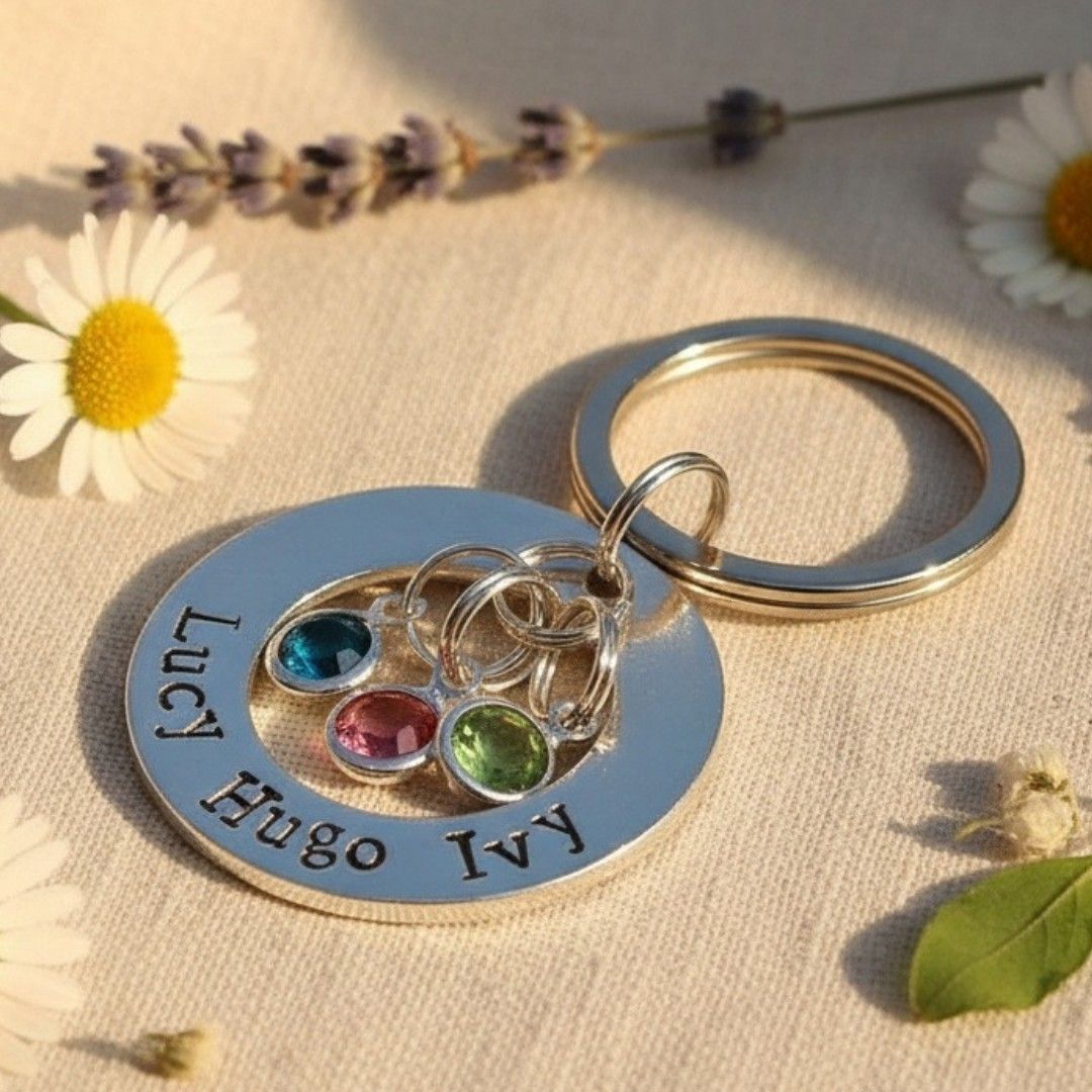 Personalised Birthstone Keyring – Custom Name Washer