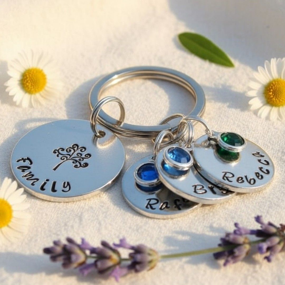 Personalised Family Tree Keyring with Names & Birthstones – Hand-Stamped Keepsake Gift