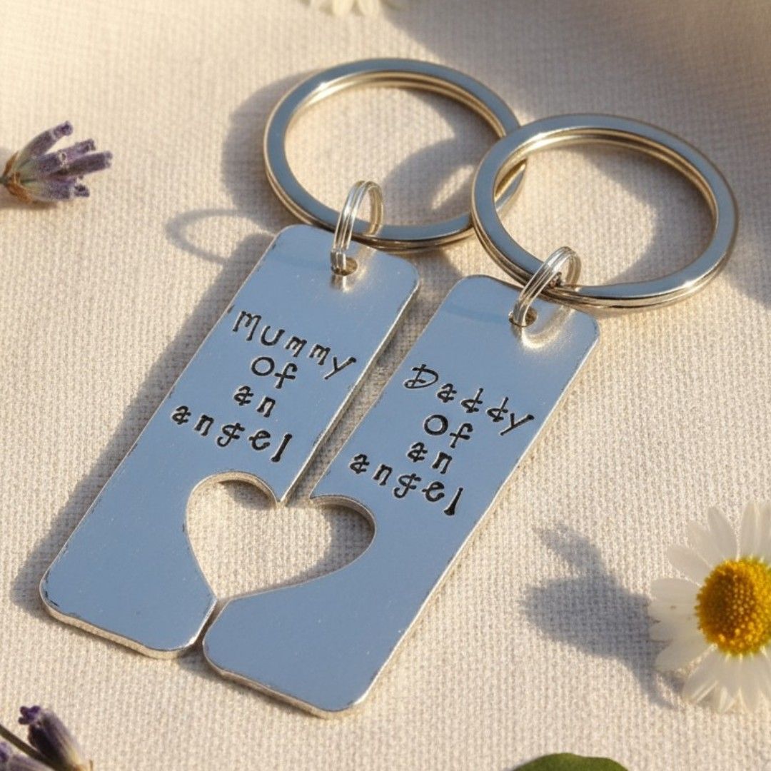 Mummy & Daddy of an Angel hand-stamped memorial keyring set
