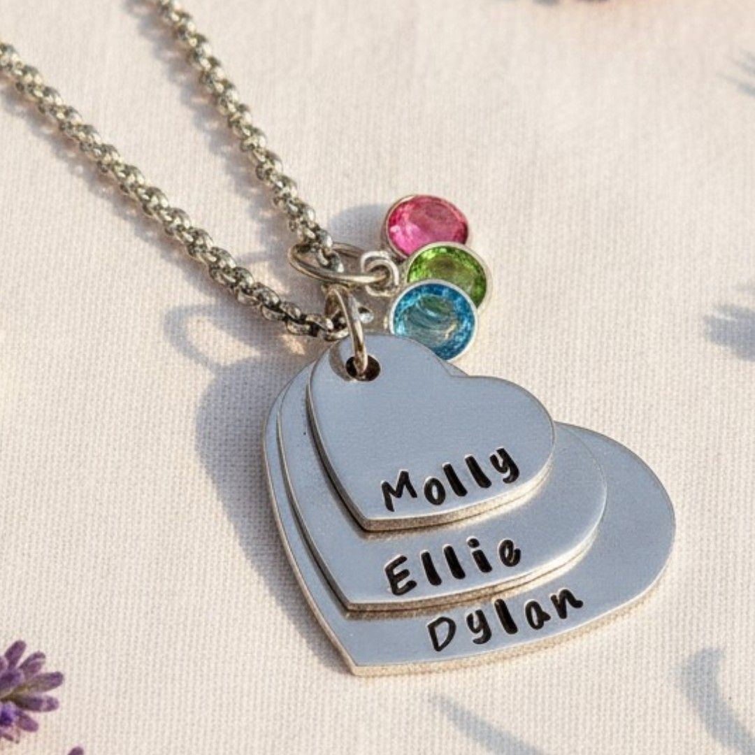 Personalised Three Name Heart Necklace with Birthstone Crystals