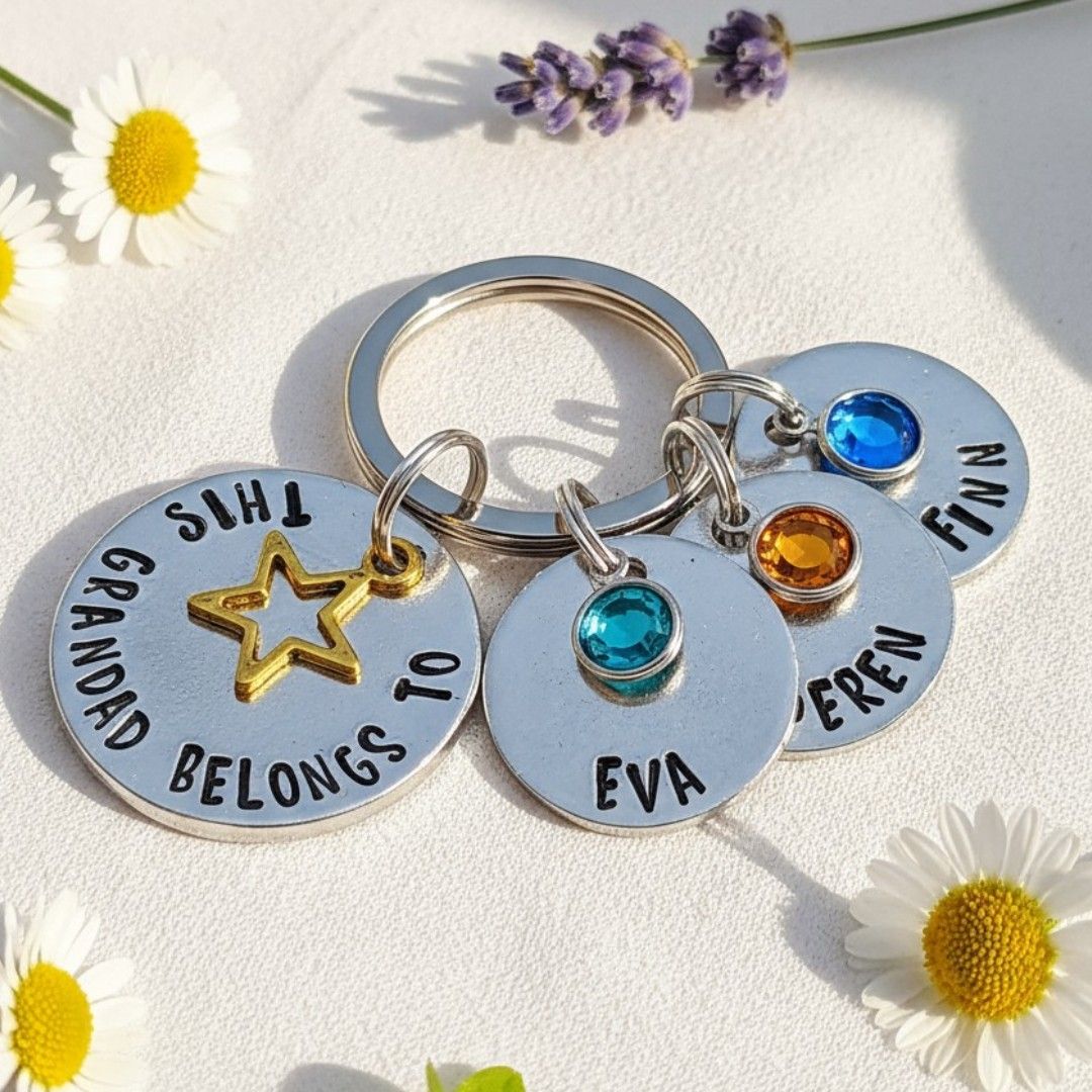 Personalised Grandad Keyring – “This Grandad Belongs To” with Names & Birthstones