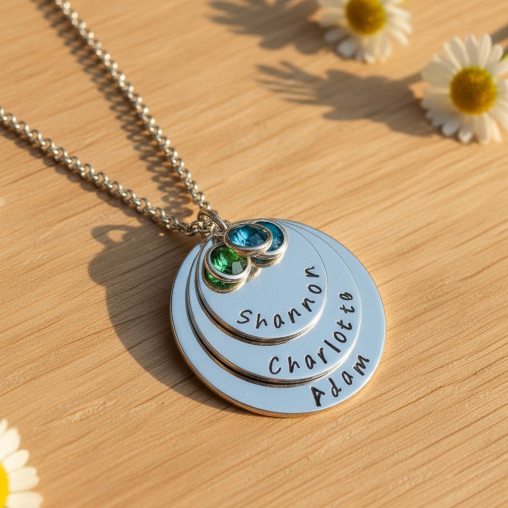 Close-up of hand-stamped family name necklace handmade in Somerset