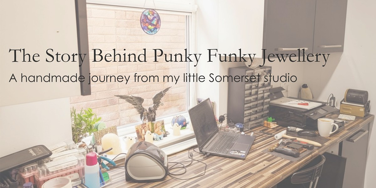 Creative workspace of Punky Funky Jewellery â€“ a handmade jewellery studio in Somerset. Tools, laptop and stamping hammers on the desk capture the behind-the-scenes process.