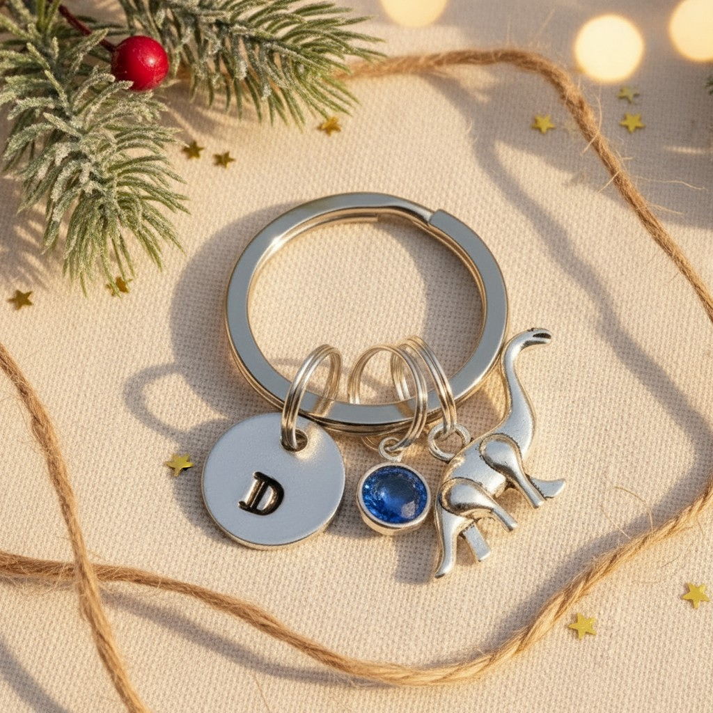 Personalised dinosaur initial keyring with birthstone crystal charm, handmade stocking filler gift.