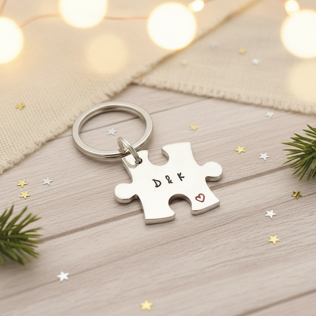 Hand-stamped aluminium jigsaw puzzle piece keyring personalised with initials and tiny heart, handmade keepsake gift.