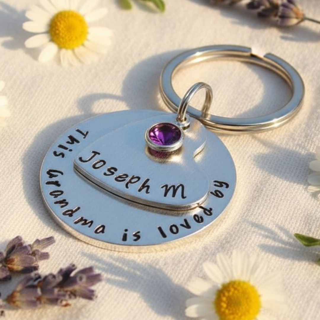 Personalised Grandma Birthstone Keyring – “This Grandma Belongs To” Keepsake Gift