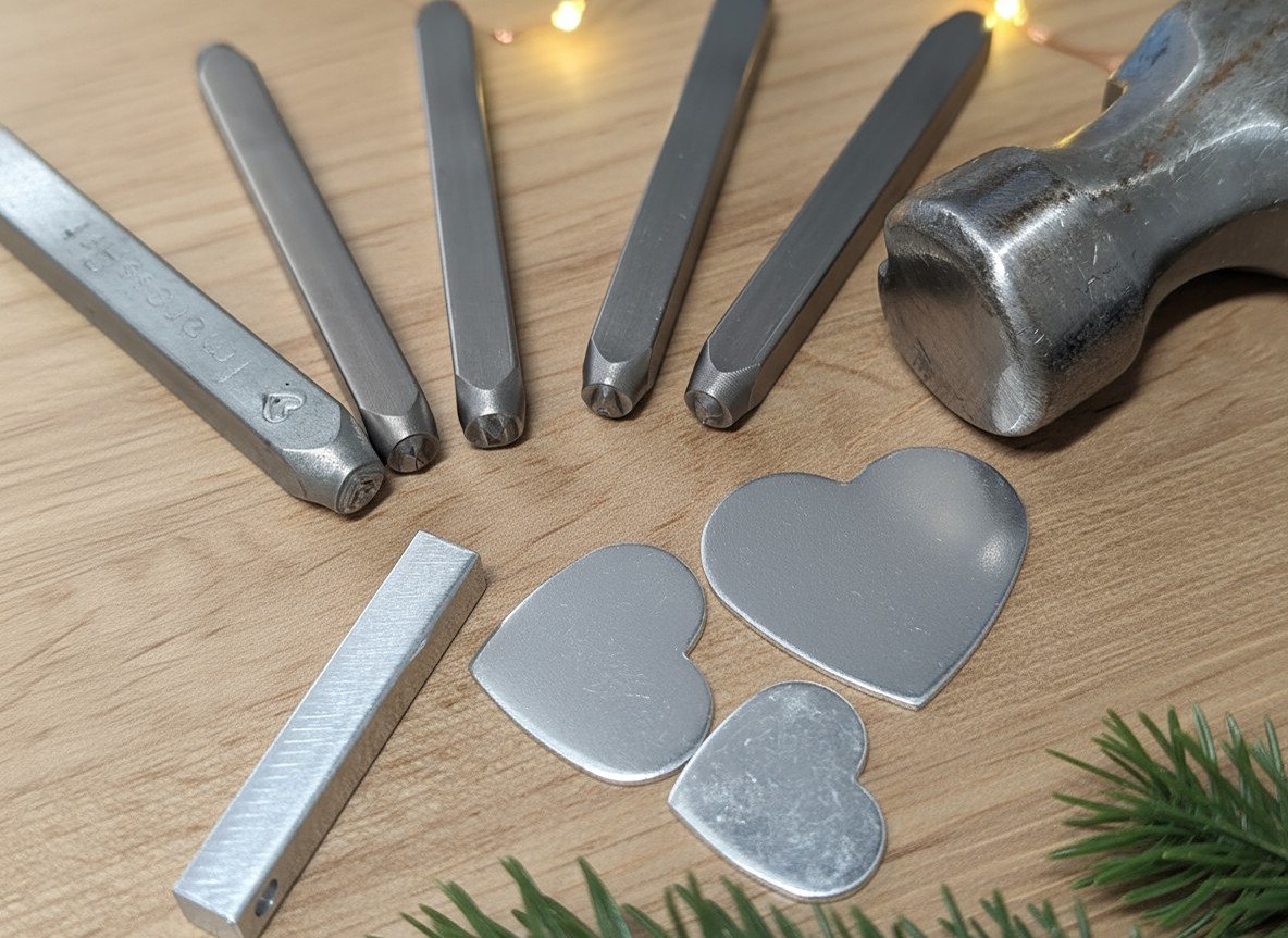 Close-up of handmade jewellery tools on workbench showing letter stamps, metal blanks and hammer head used to create personalised gifts by hand.