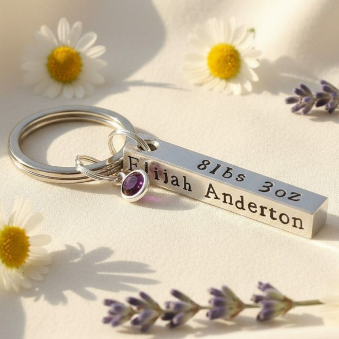 Personalised Baby Birth Details Keyring with Birthstone Crystal
