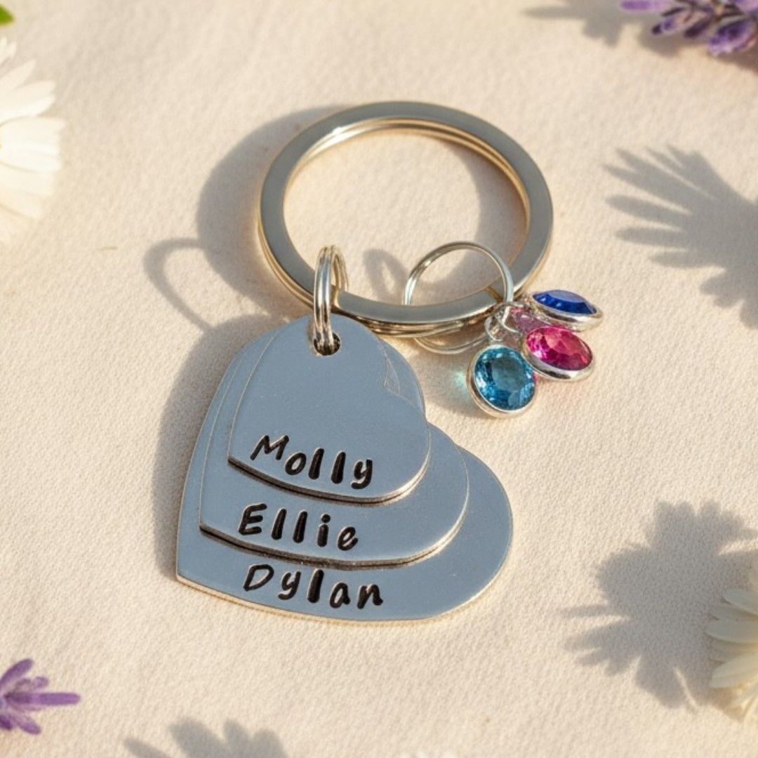 Personalised Stacked Hearts Keyring with Birthstones – Family Names Hand Stamped on Aluminium Hearts