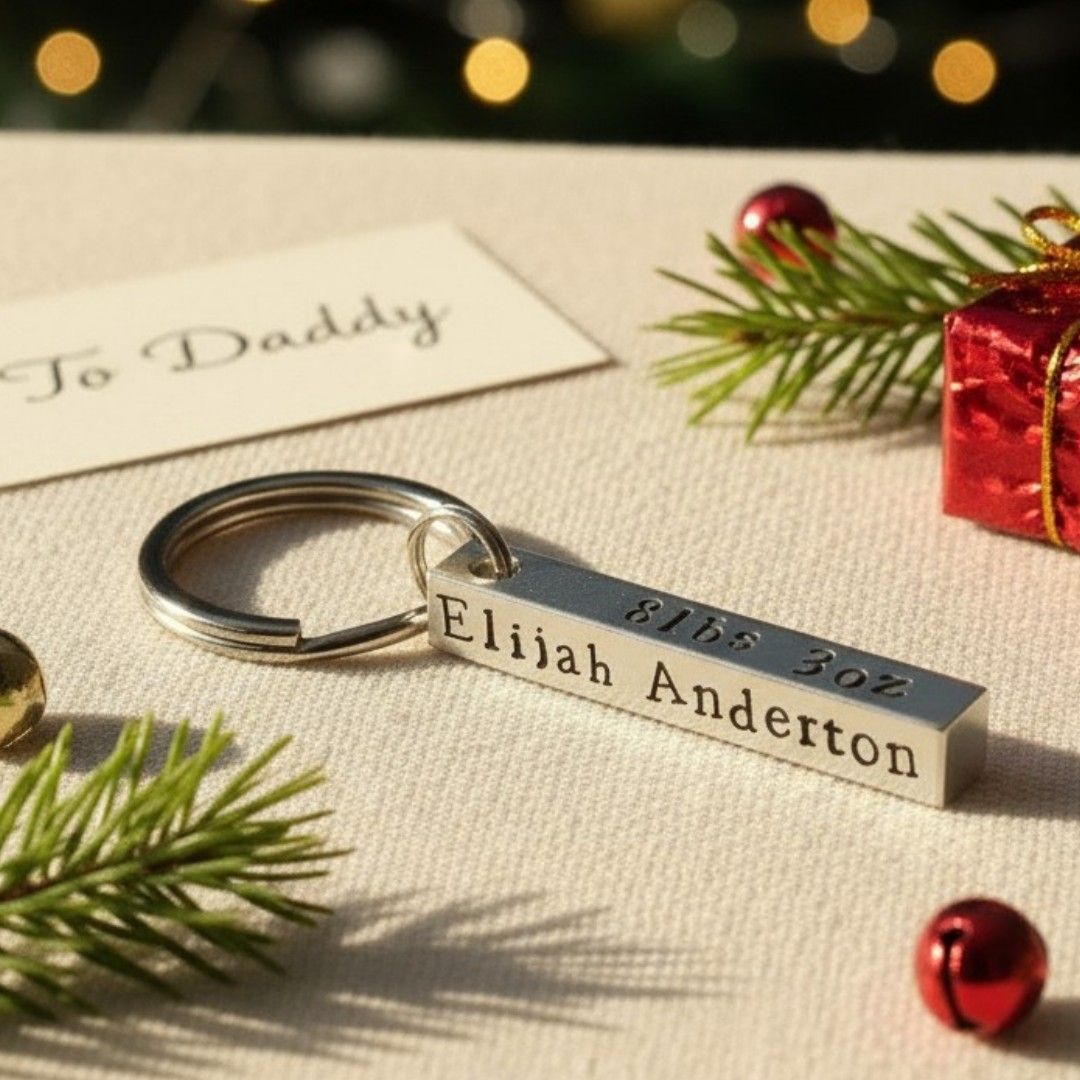 Christmas Personalised Baby Birth Details Keyring for Dad