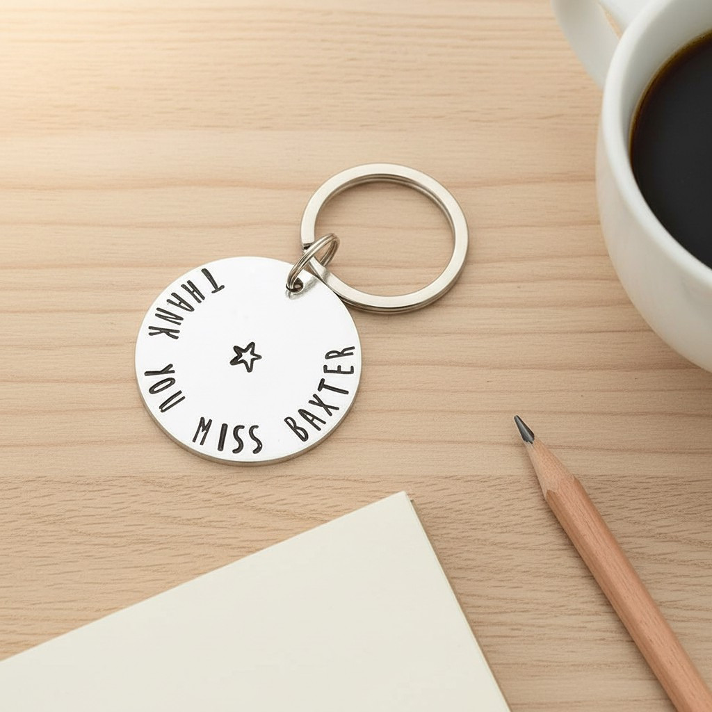 Hand-stamped teacher thank-you keyring styled with pencil, coffee cup and paper