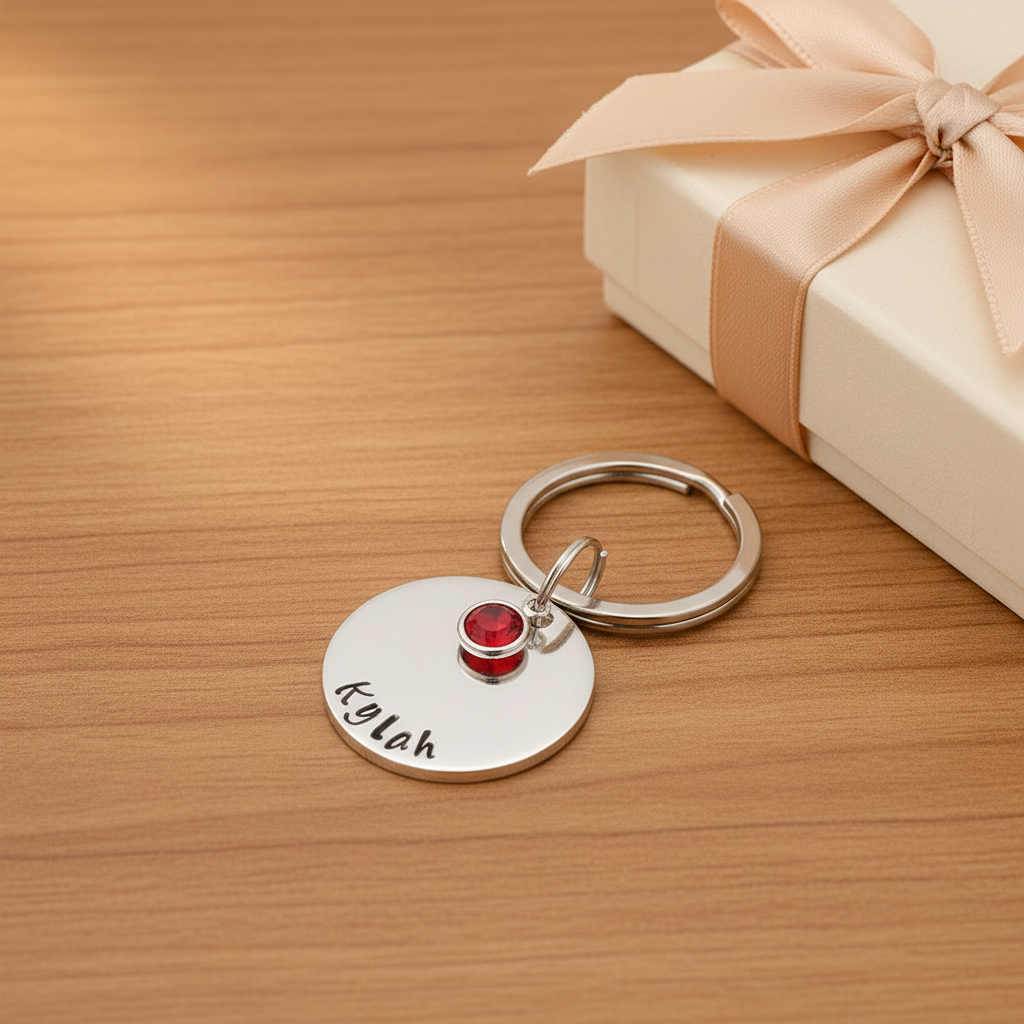 Personalised name disc keyring with birthstone crystal beside a small gift box