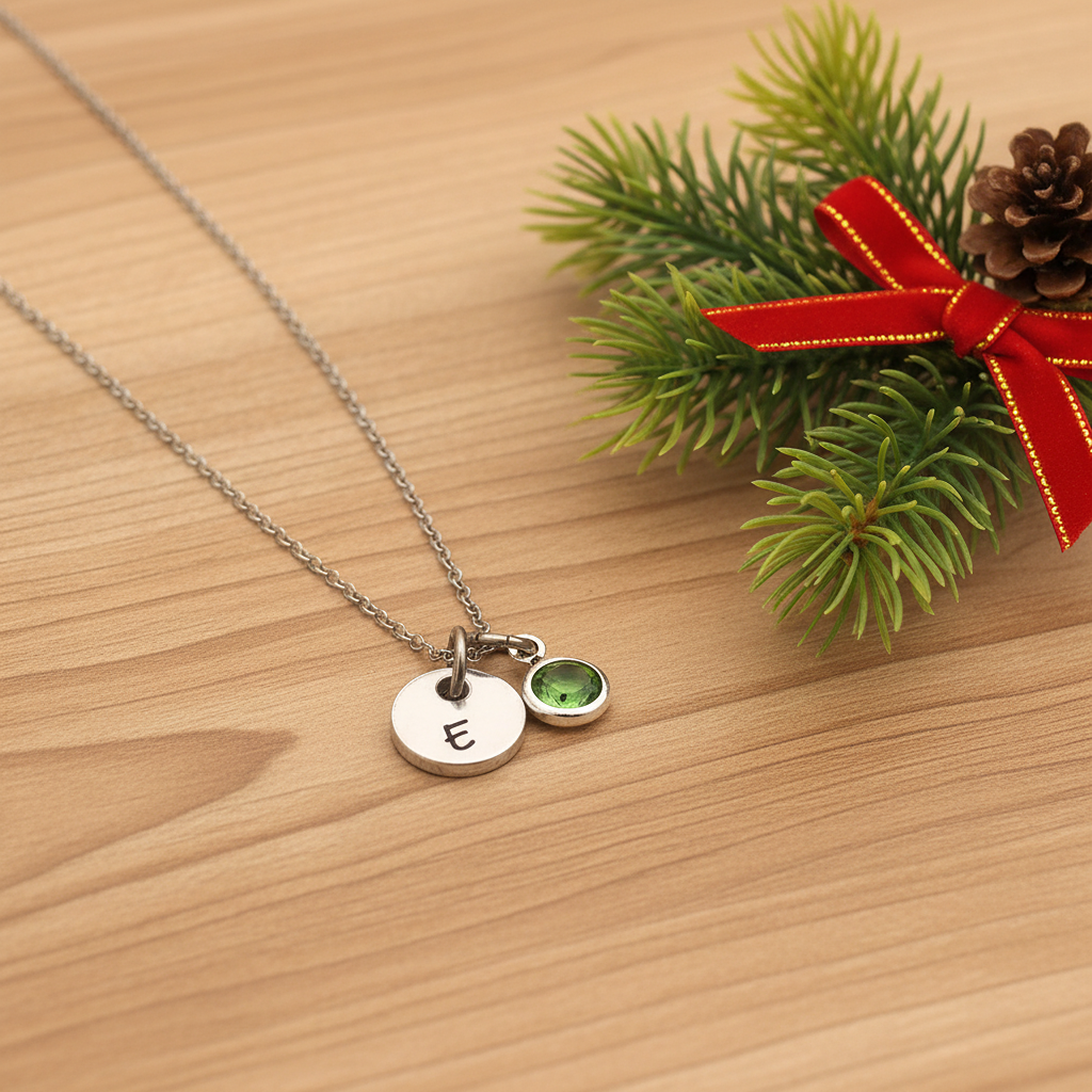 Personalised initial and birthstone necklace on wood with a festive pine branch