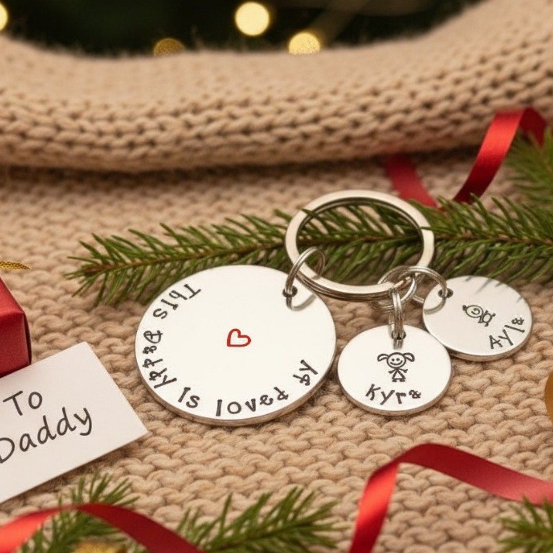 Personalised “This Daddy Belongs To” Christmas Keyring – Children’s Names & Stick Figure Charms