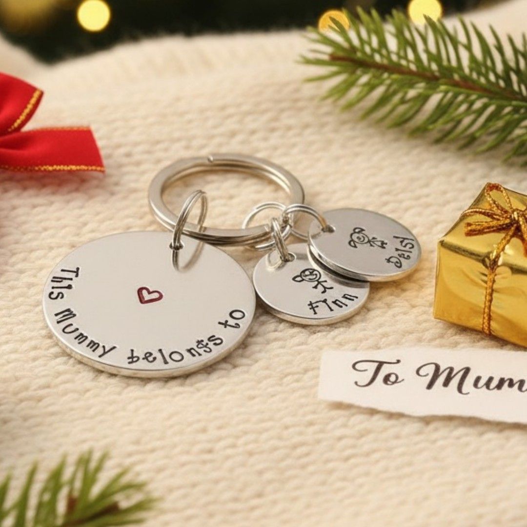 Personalised “This Mummy Belongs To” Christmas Keyring – Children’s Names & Stick Figure Charms