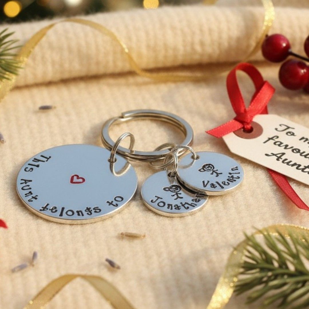 Personalised “This Auntie Belongs To” Christmas Keyring – Children’s Names & Stick Figure Charms