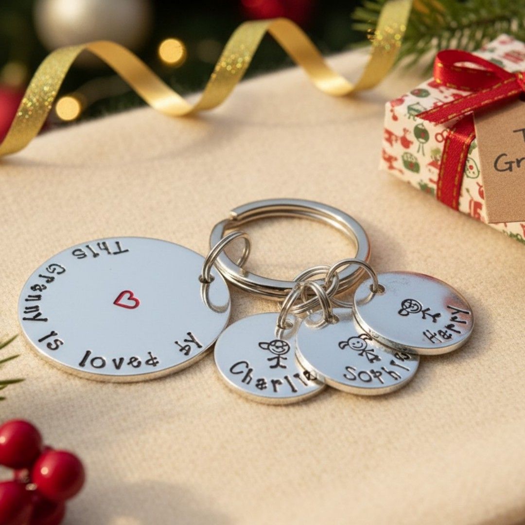 Personalised “This Nanny Belongs To” Christmas Keyring – Children’s Names & Stick Figure Charms