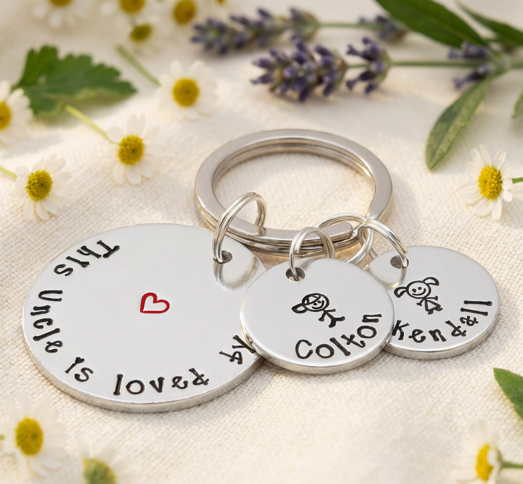 Personalised “This Uncle Belongs To” Keyring – Children’s Names & Stick Figure Charms