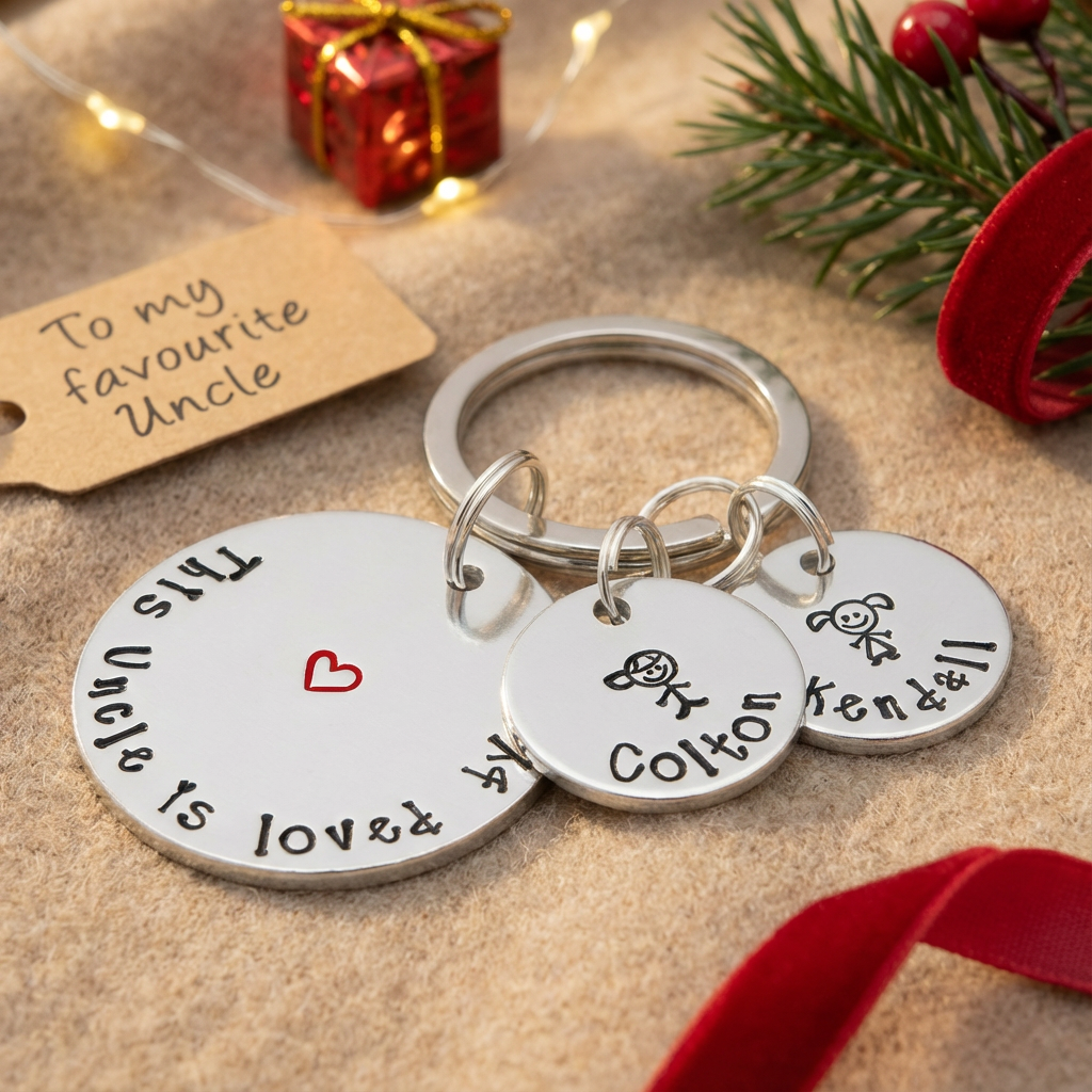 Personalised “This Uncle Belongs To” Christmas Keyring – Children’s Names & Stick Figure Charms