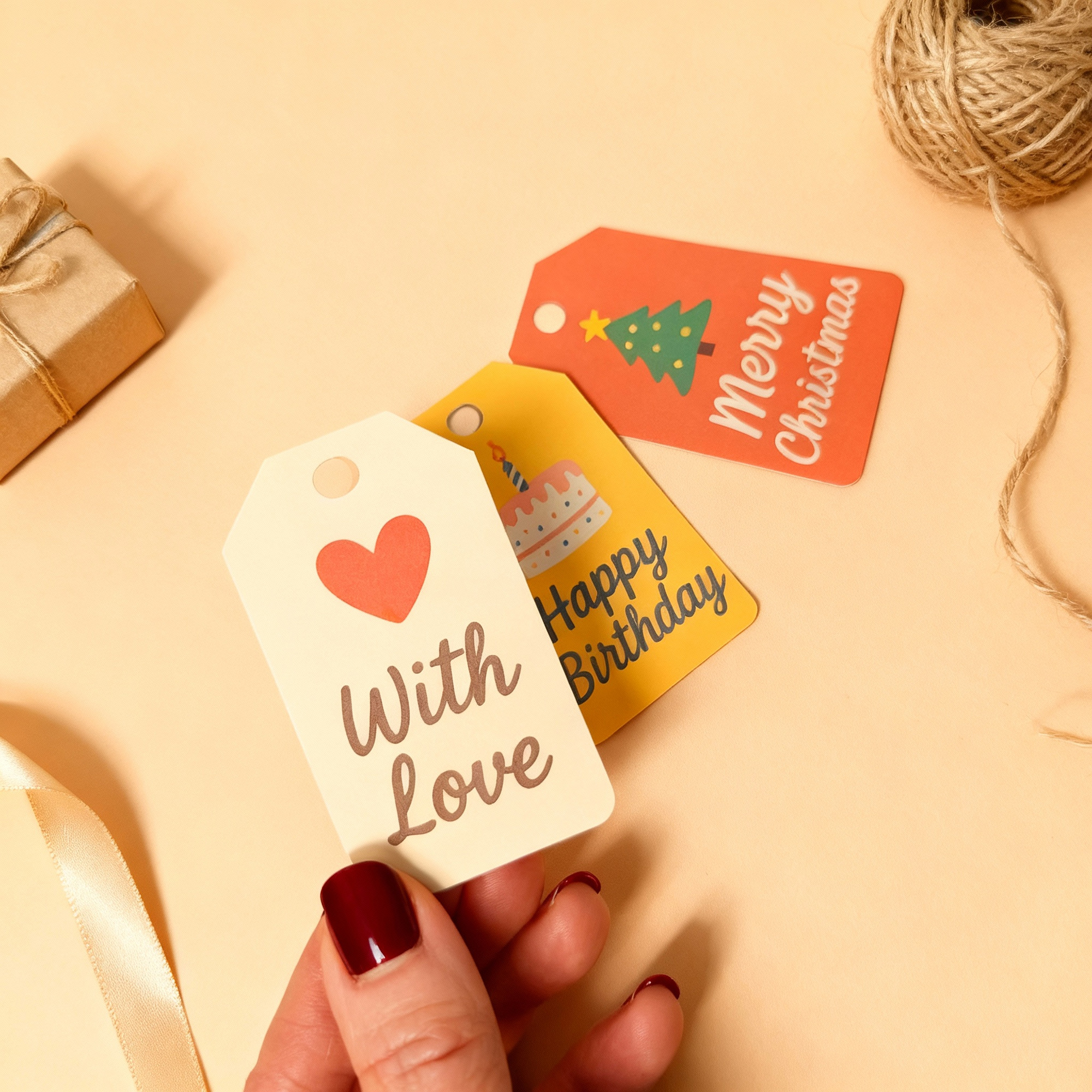 Hand holding a â€œWith Loveâ€ printable gift tag, with two additional tags displayed underneath and small wrapped gifts arranged around them.