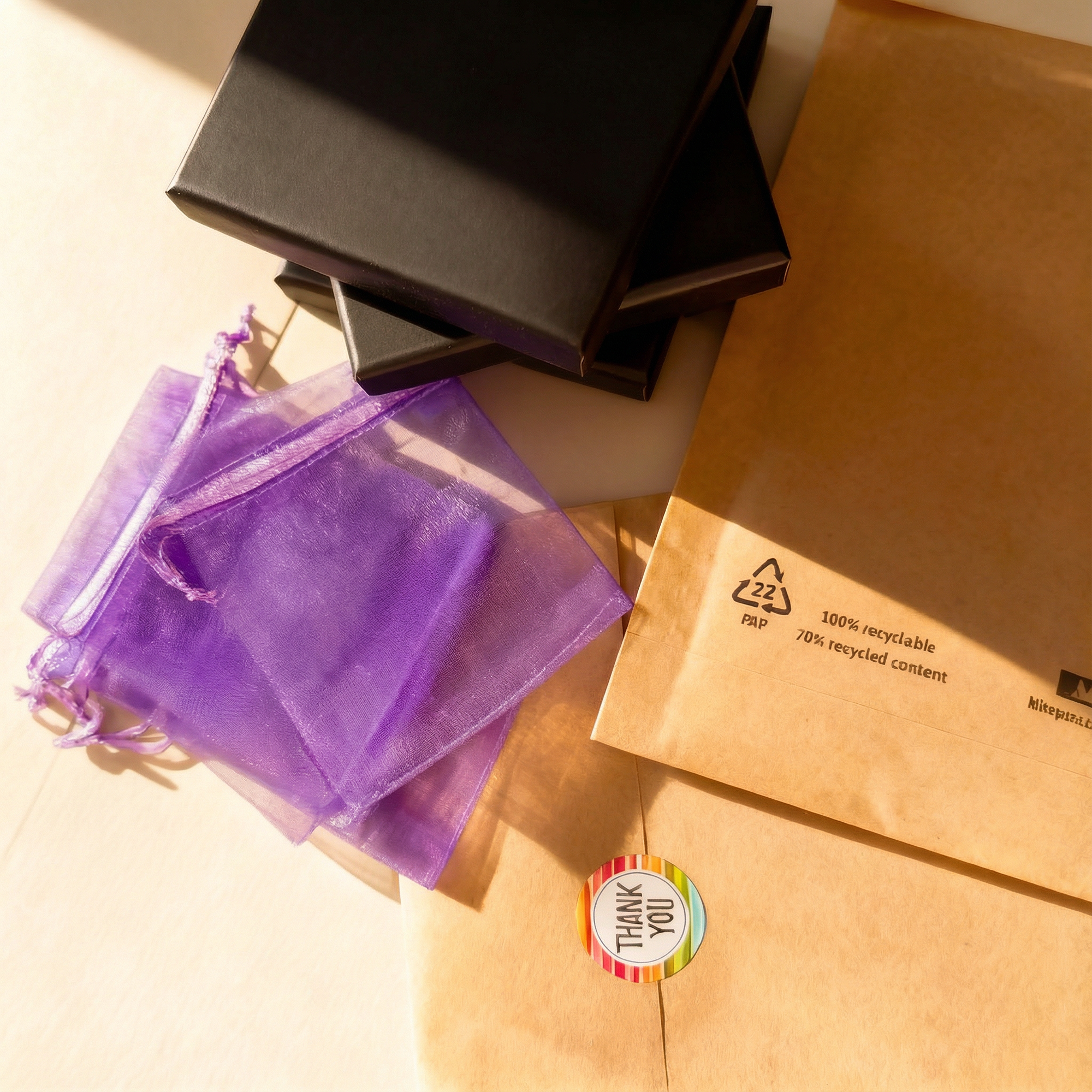 Recycled envelopes, organza bags and gift boxes displayed together, highlighting the eco-friendly packaging used for handmade keyrings.