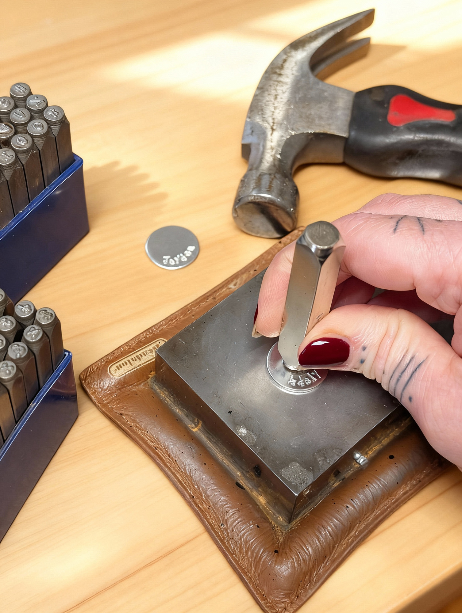 Hand stamping a personalised aluminium keyring with metal stamps and a hammer.
