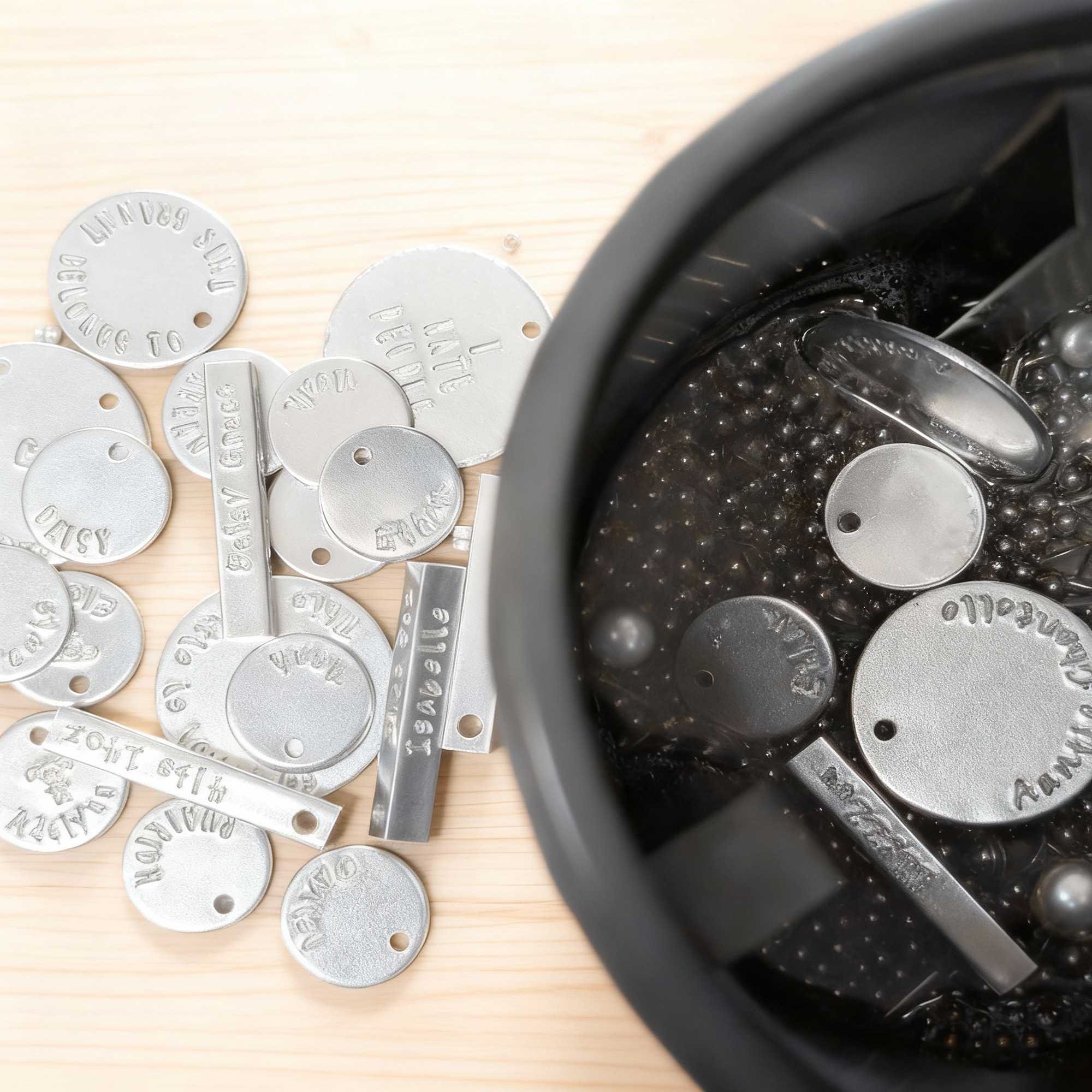 Stamped aluminium blanks next to a tumbler filled with stainless steel shot.