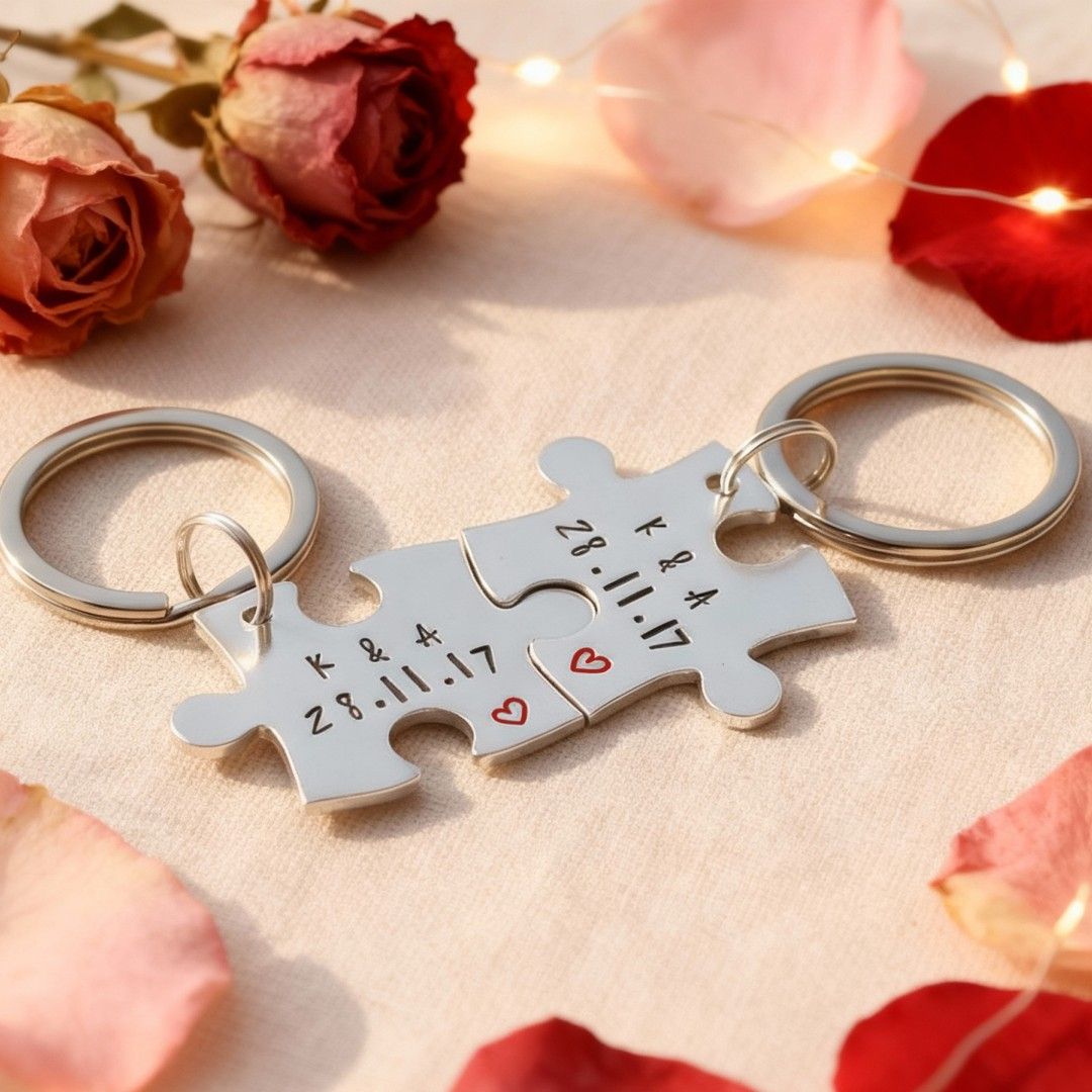 Personalised Valentine&rsquo;s Jigsaw Keyring Set &ndash; Puzzle Piece Keyrings for Couples