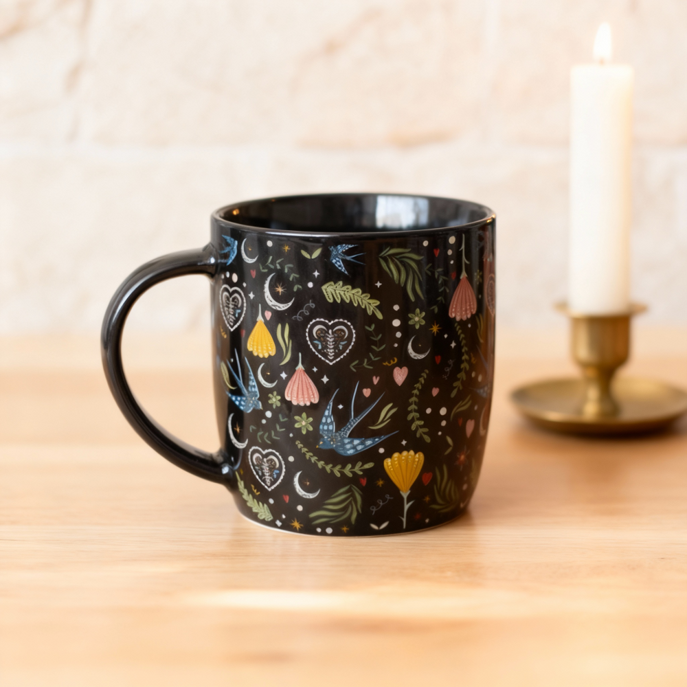 Nocturne Folk Mug &ndash; Black Floral & Birds Design