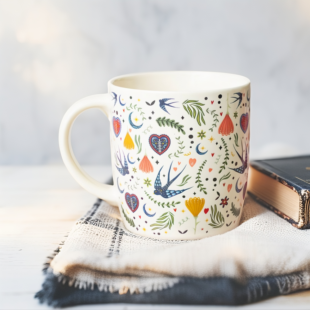 Dawnlight Folk Mug &ndash; Cream Floral & Birds Design