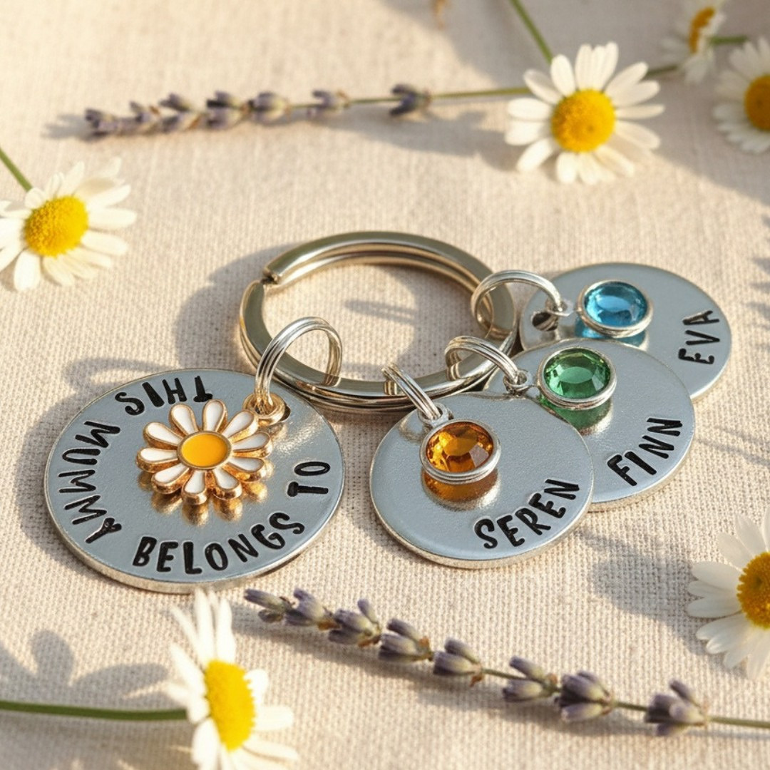 This Mummy Belongs To personalised aluminium keyring with hand-stamped names and birthstone crystals â click to browse all handmade keyrings at Punky Funky Jewellery