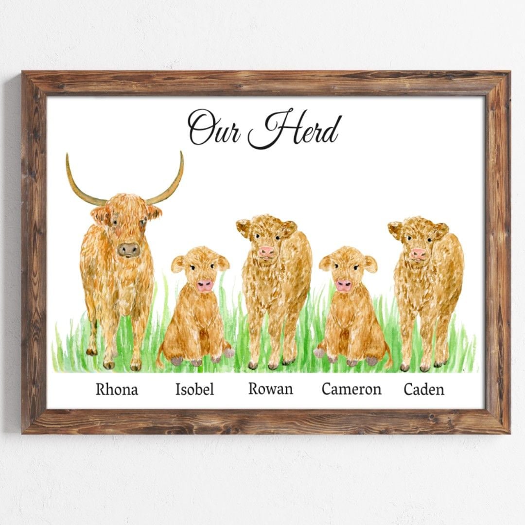 Personalised Highland Cow family name print â custom wall art with names â click to browse all handmade prints at Punky Funky Jewellery