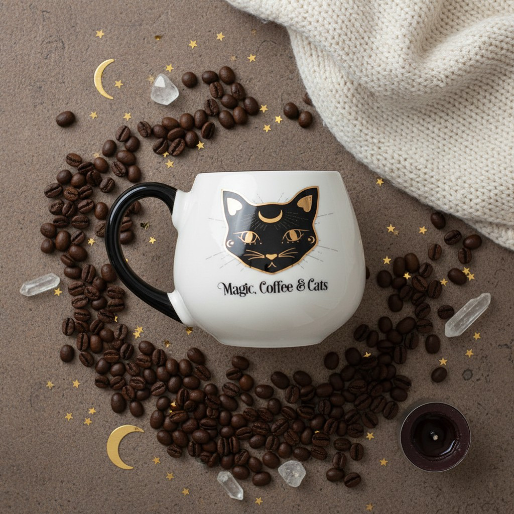 Magic, coffee & cats mug styled on a neutral background, surrounded by coffee beans and crystals