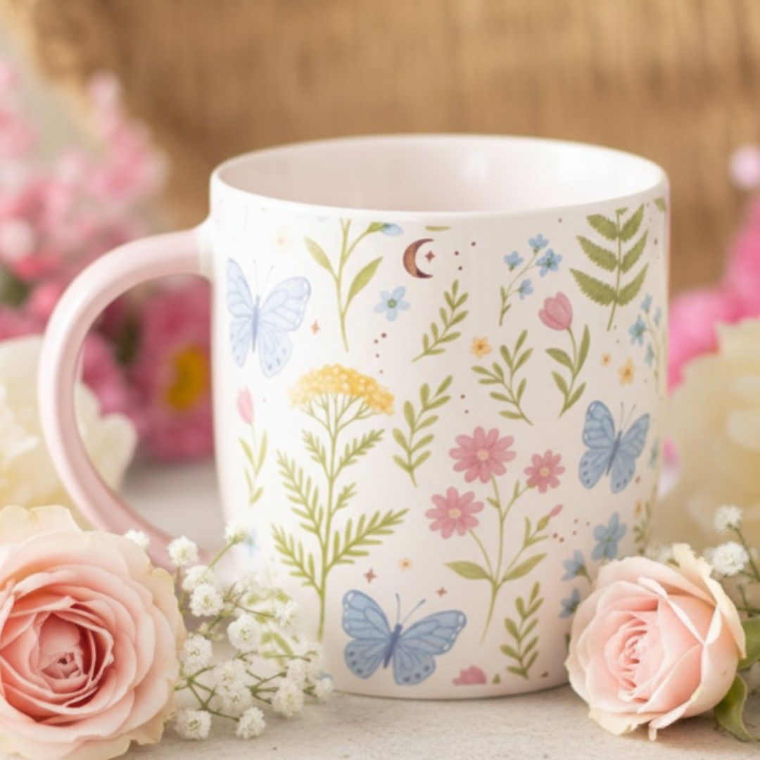 Pastel Floral Butterfly Mug &ndash; Pink Handle Ceramic Cup