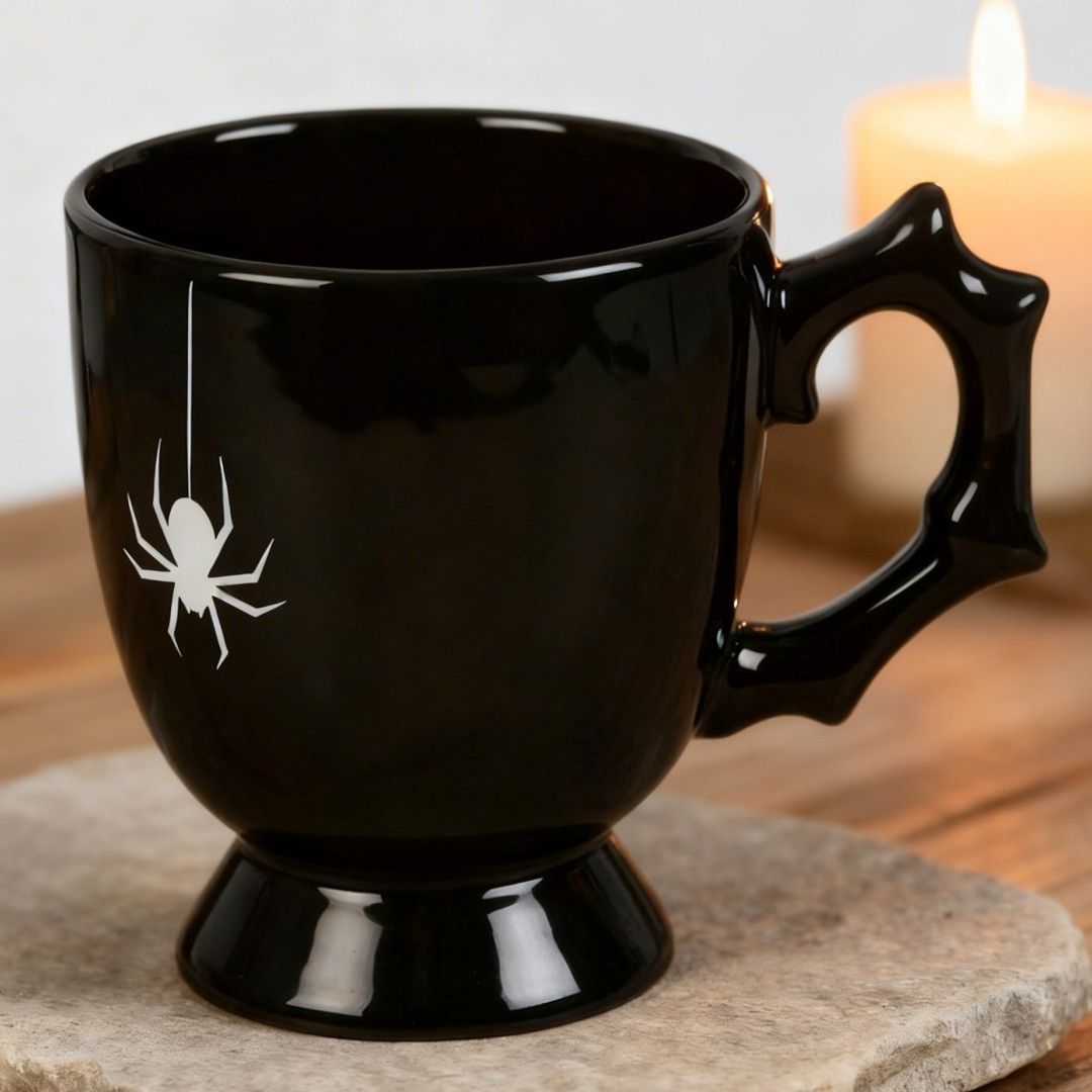 Mug on slate coaster, wooden surface, candle blurred in background