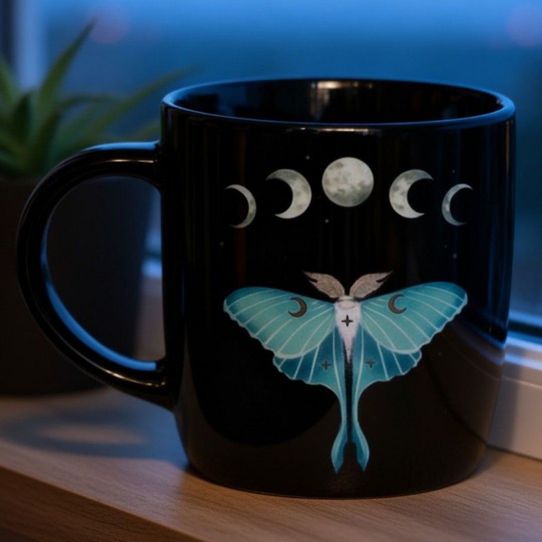 Black moth moon phase mug on a windowsill in soft natural light