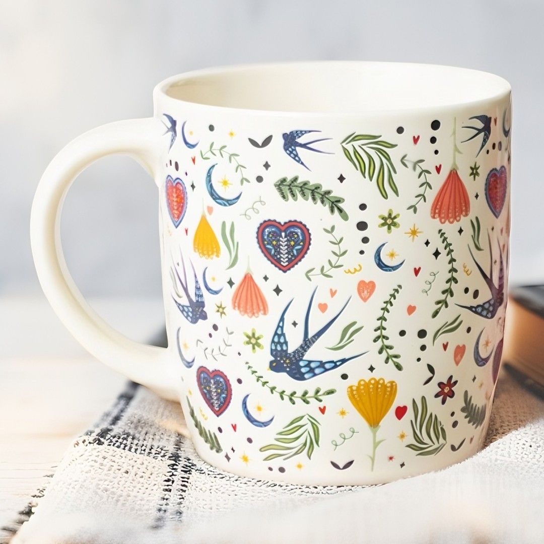 Dawnlight Folk Mug &ndash; Cream Floral & Birds Design