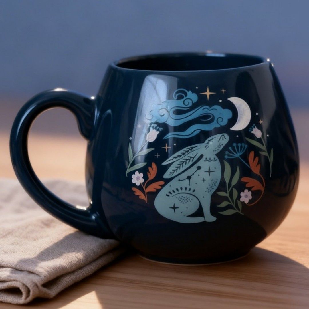 Moon gazing hare mug on wooden surface with cloth, dark blue backdrop