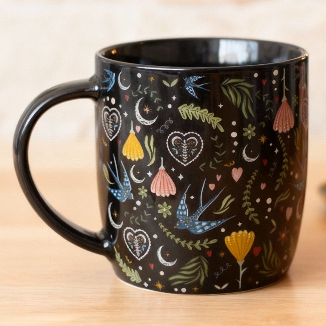 Nocturne Folk Mug &ndash; Black Floral & Birds Design
