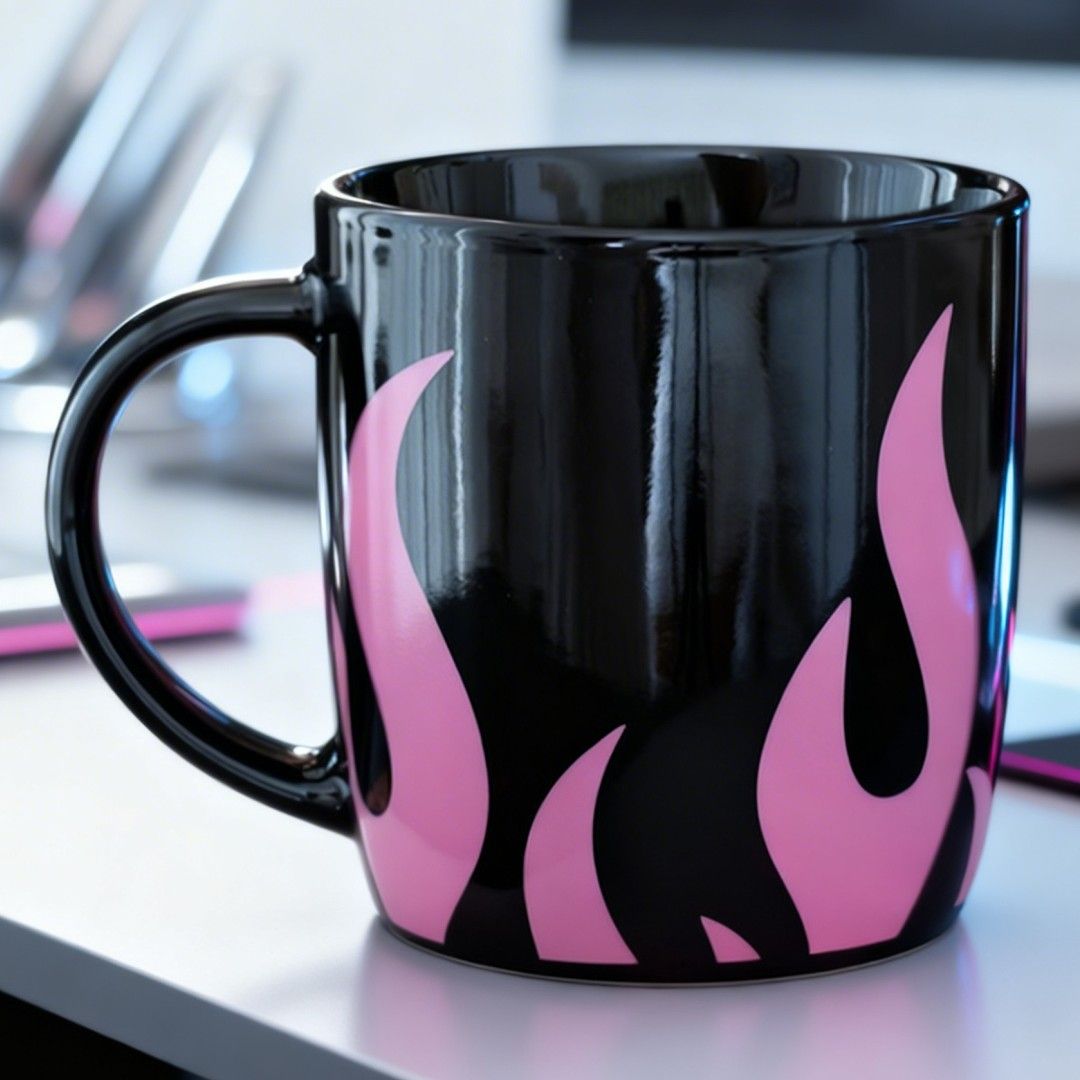 Black mug with bright pink flame design styled on a modern desk