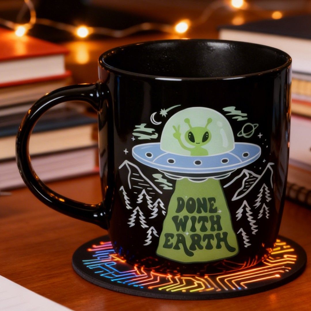 Heat changing UFO alien mug revealing “Done With Earth” design