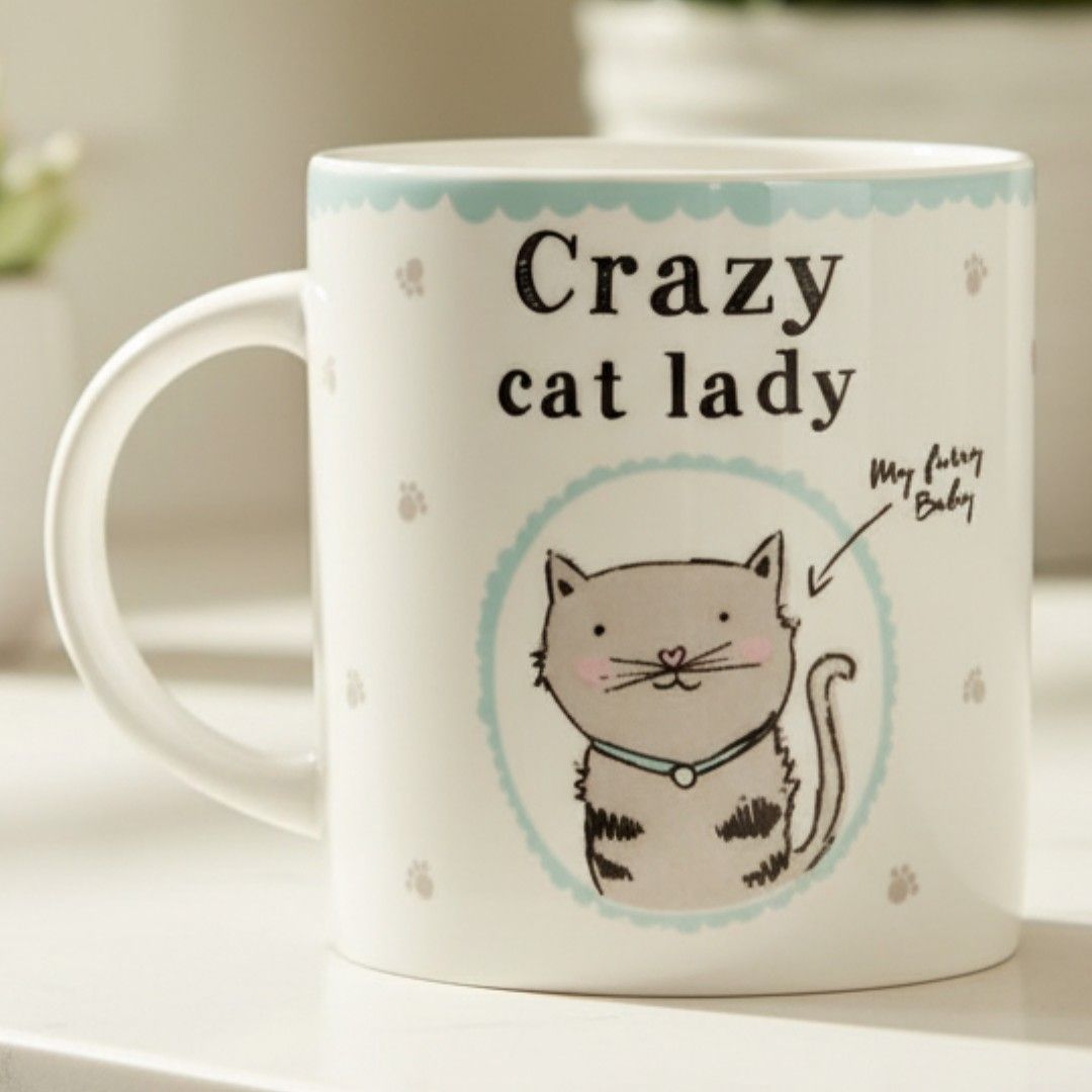 Cat lover mug with Crazy Cat Lady text in bright kitchen setting