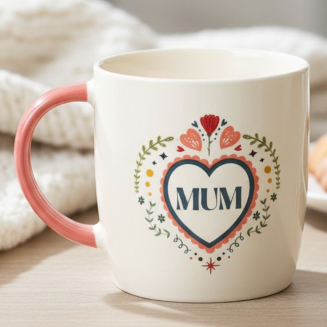 Floral Folk Heart Mum Mug &ndash; Pink Handle Ceramic Gift