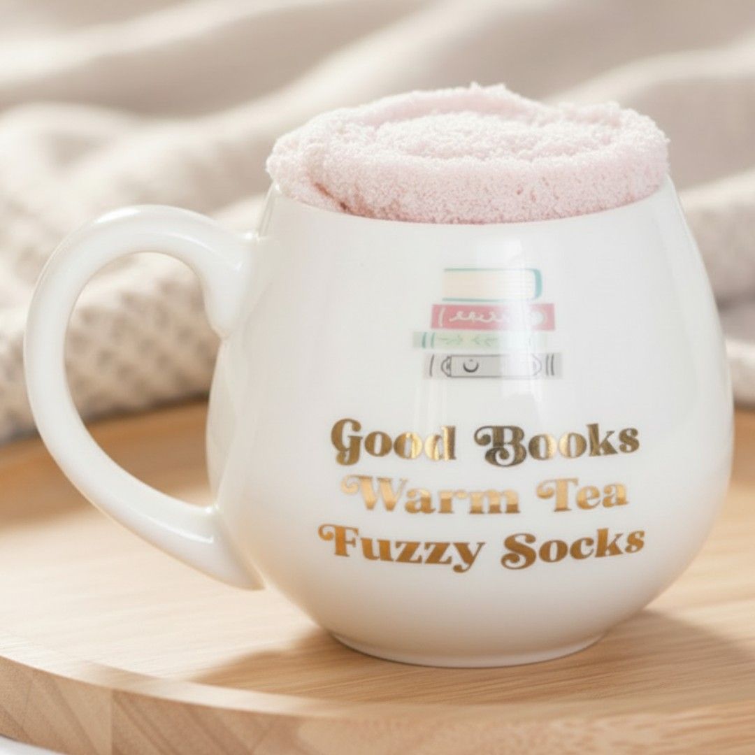 Book lover mug with fluffy socks tucked inside