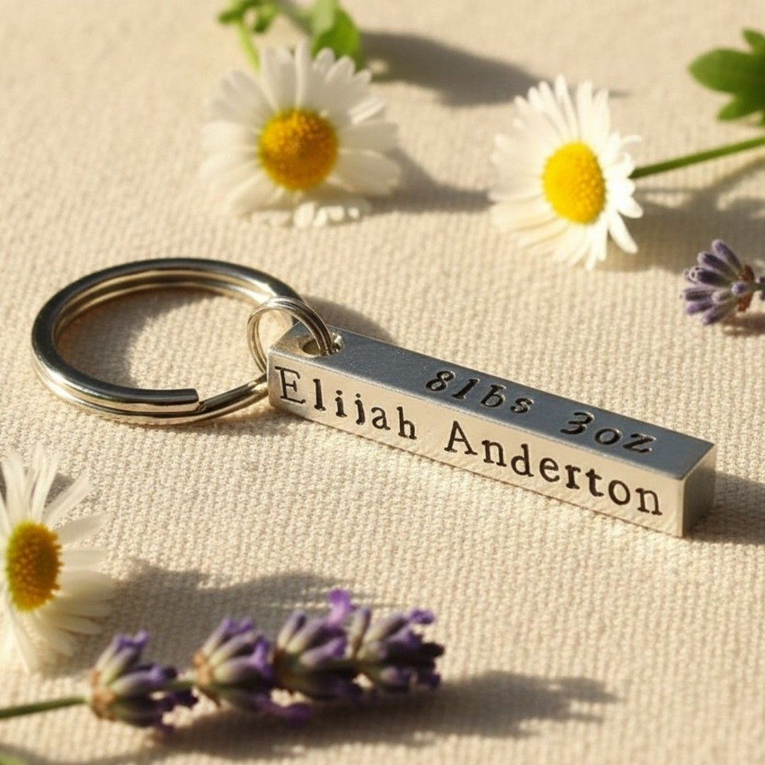 Hand-stamped baby birth details bar keyring, personalised keepsake gift